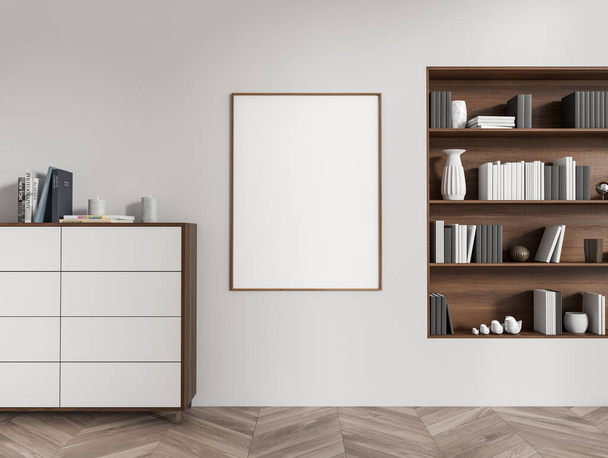 White living room interior with sideboard and shelf with decoration on rack, front view, hardwood floor. Mock up poster. 3D rendering - Photo, image