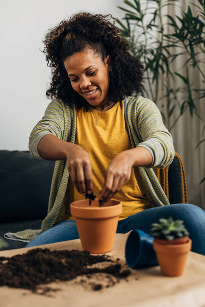 Carefree woman is replanting a plant - Фото, зображення