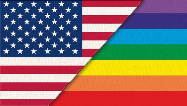 Yhdysvaltain liput ja lgbt. seksuaalinen käsite. Amerikkalaiset ja värilliset liput. Yhdysvaltain liput ja seksuaalivähemmistöjen lippu kankaan pinnalla. Kaksi lippua. Kaksinkertainen lippu 3d kuva. lesbo vapaus homoseksuaali - Valokuva, kuva