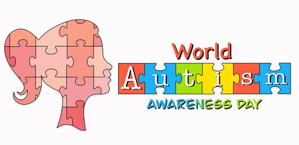 自閉症の問題に関する知識の普及の日のためのイラスト.少女たちはパズルの形で頭を出す。自閉症の問題の象徴としてのパズル。バナー、ロゴ、アイコン. - 写真・画像