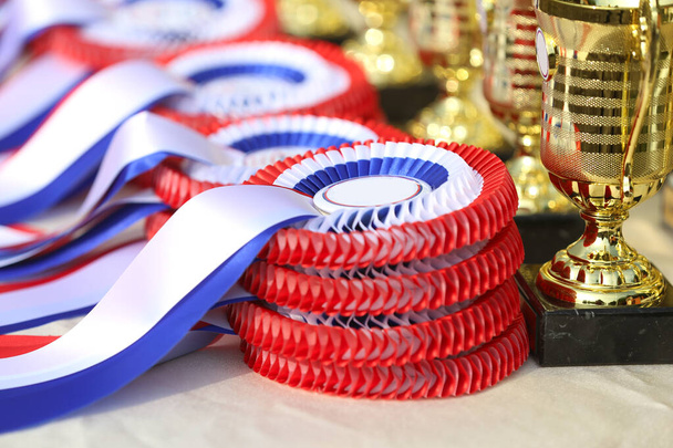 Pile de trophées de sport équestre rosettes lors d'un événement équestre en plein air en été - Photo, image