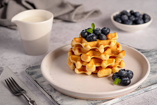 Food photography of waffles with blueberries, breakfast, milk, belgian, snack, dessert, sweet food - Foto, imagen