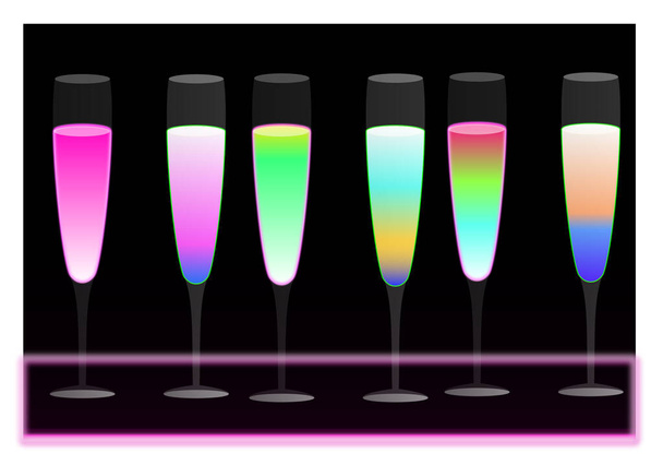 Set aus sechs Cocktails unterschiedlicher Mixturen und Zutaten in der Mitte auf einem Cocktailbar-Tresen mit Neonlicht. Cocktails und Mixology. Vektorillustration - Vektor, Bild