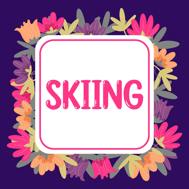 Текстовий знак, що показує катання на лижах, діловий підхід дії подорожі над сніговими лижами, особливо як спорт або відпочинок
 - Фото, зображення