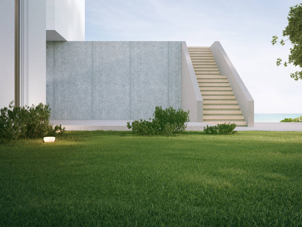 Talo, jossa on betoninen terassi lähellä tyhjää ruohoa. 3d renderöinti vihreä nurmikko moderni koti. - Valokuva, kuva