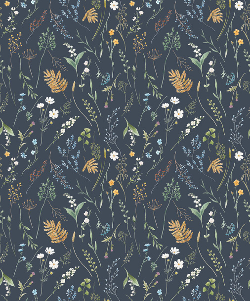 Beautiful floral seamless pattern with watercolor wild herbs and flowers. Stock illustration. - Фото, изображение