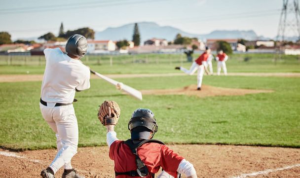 Baseball, bat and strike with a sports man outdoor, playing a competitive game during summer. Fitness, health and exercise with a male athlete or player training on a pitch for sport or recreation. - Valokuva, kuva