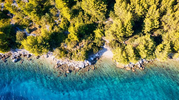 Η όμορφη ακτογραμμή και η παραλία κοντά στο Igrane, Podgora στην Κροατία αιχμαλωτίστηκαν σε μια εναέρια θέα. - Φωτογραφία, εικόνα