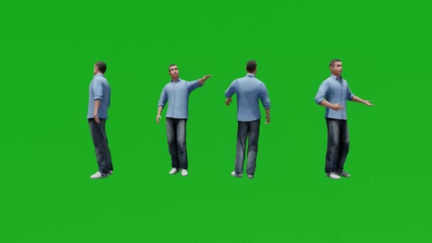 3D従業員男性歩く話緑の画面の人々クロマキー背景3Dレンダリングアニメーション4k 4つの異なるビュー - 映像、動画