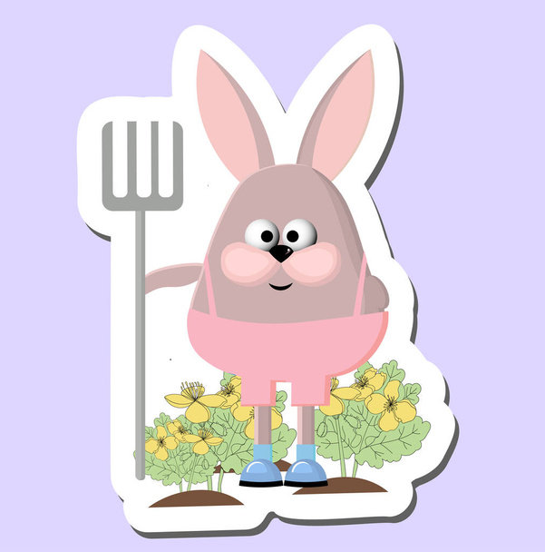 Vrolijk grappig konijn met bloemen en hooivork. Voorjaarsstemming konijnenhovenier. veersticker - Vector, afbeelding