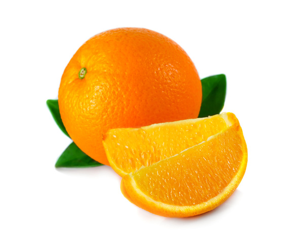 Fruta de laranja madura com folhas e fatias isoladas em branco
 - Foto, Imagem