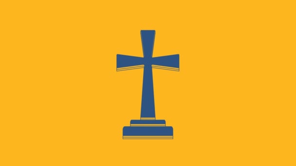 Lápida azul con icono de cruz aislado sobre fondo naranja. Icono de tumba. Animación gráfica de vídeo 4K. - Imágenes, Vídeo