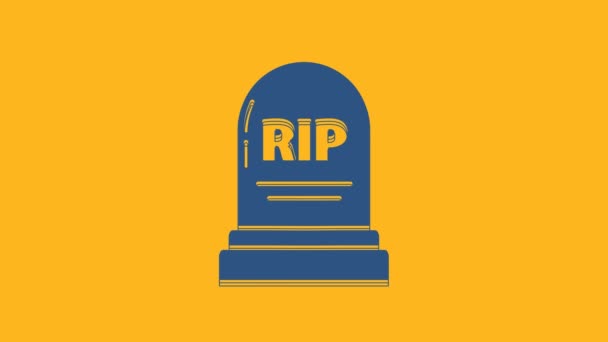 Lápida azul con RIP escrito en él icono aislado sobre fondo naranja. Icono de tumba. Animación gráfica de vídeo 4K. - Metraje, vídeo