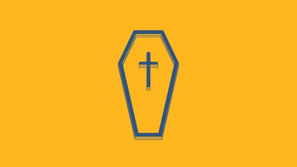 Blauer Sarg mit christlichem Kreuz auf orangefarbenem Hintergrund. Frohe Halloween-Party. 4K Video Motion Grafik Animation. - Filmmaterial, Video