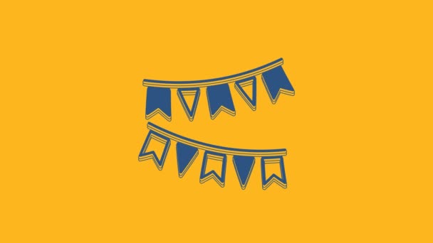 Blue Carnival garland with flags icon isolated on orange background. Party pennants for birthday celebration, festival and fair decoration. 4K Video motion graphic animation. - Video, Çekim
