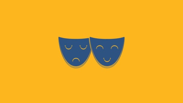 Comedia azul y tragedia máscaras teatrales icono aislado sobre fondo naranja. Animación gráfica de vídeo 4K. - Metraje, vídeo
