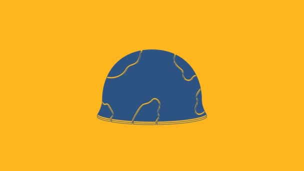 オレンジ色の背景に隔離されたブルーミリタリーヘルメットアイコン。防衛と保護の軍の帽子のシンボル。防護帽だ。4Kビデオモーショングラフィックアニメーション. - 映像、動画