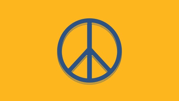 Blue Peace icoon geïsoleerd op oranje achtergrond. Hippie symbool van vrede. 4K Video motion grafische animatie. - Video