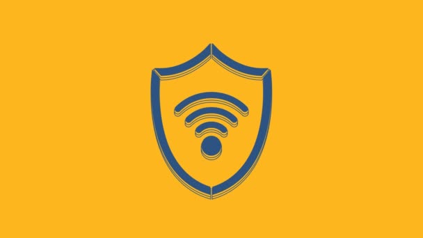 Blaues Schild mit Symbolsymbol für das drahtlose Internet-Netzwerk WiFi isoliert auf orangefarbenem Hintergrund. Schutzsicherheitskonzept. 4K Video Motion Grafik Animation. - Filmmaterial, Video
