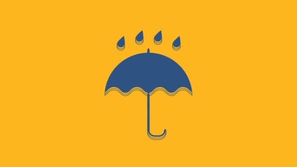 Parapluie bleu et gouttes de pluie icône isolée sur fond orange. Icône étanche. Protection, sûreté, concept de sécurité. Symbole imperméable. Animation graphique de mouvement vidéo 4K. - Séquence, vidéo