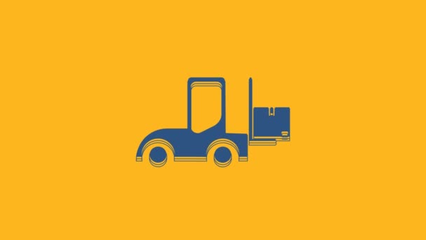 Blue Forklift грузовик значок изолирован на оранжевом фоне. Вилочный погрузчик и картонный ящик. Доставка груза, доставка, транспортировка. Видеографическая анимация 4K. - Кадры, видео