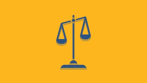 Blue Scales of justice icon isolated on orange background. Court of law symbol. Balance scale sign. 4K Video motion graphic animation. - Video