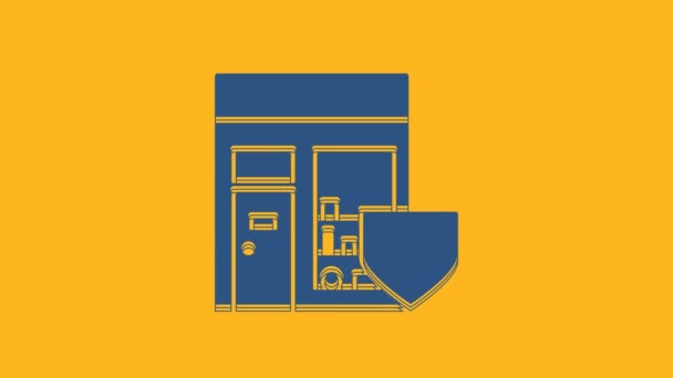 Modrá nákupní budova s ikonou štítu izolované na oranžovém pozadí. Pojištění. Zabezpečení, bezpečnost, ochrana, koncepce ochrany. Grafická animace pohybu videa 4K. - Záběry, video