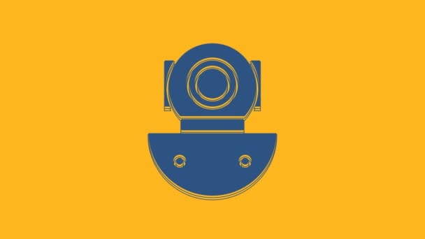 Icona blu Aqualung isolata su sfondo arancione. Casco da sub. Attrezzatura subacquea subacquea. Animazione grafica 4K Video motion. - Filmati, video