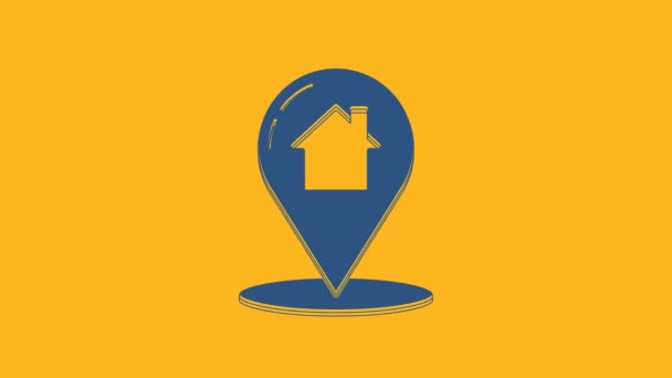 Blauer Kartenzeiger mit Haussymbol auf orangefarbenem Hintergrund. Markierungssymbol für den Wohnort. 4K Video Motion Grafik Animation. - Filmmaterial, Video