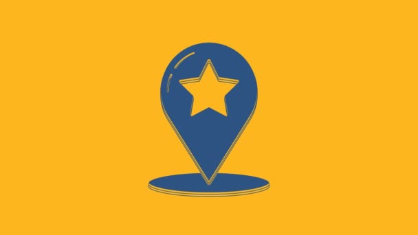 Pointeur Blue Map avec icône étoile isolée sur fond orange. Star icône de carte pin préférée. Marqueurs de carte. Animation graphique de mouvement vidéo 4K. - Séquence, vidéo