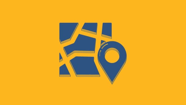 Blaue Faltkarte mit Ortsmarkierungssymbol auf orangefarbenem Hintergrund. 4K Video Motion Grafik Animation. - Filmmaterial, Video