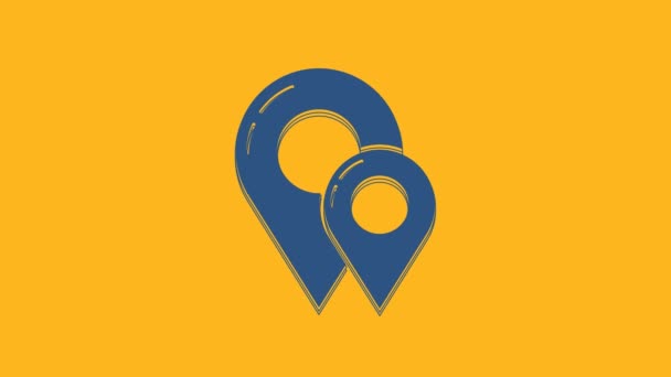 Blaue Karte Pin-Symbol isoliert auf orangefarbenem Hintergrund. Navigation, Zeiger, Standort, Karte, GPS, Richtung, Platzkonzept. 4K Video Motion Grafik Animation. - Filmmaterial, Video
