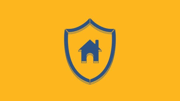 Blue House με ασπίδα εικονίδιο απομονώνονται σε πορτοκαλί φόντο. Ασφαλιστική ιδέα. Ασφάλεια, ασφάλεια, προστασία, προστασία. 4K Γραφική κίνηση κίνησης βίντεο. - Πλάνα, βίντεο