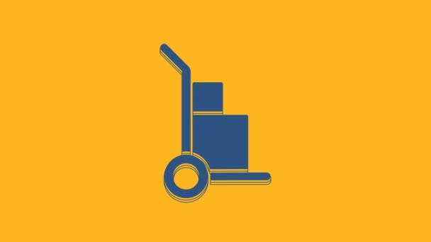 Blue Hand truck and boxes icon isolated on orange background. Dolly symbol. 4K Video motion graphic animation. - Video