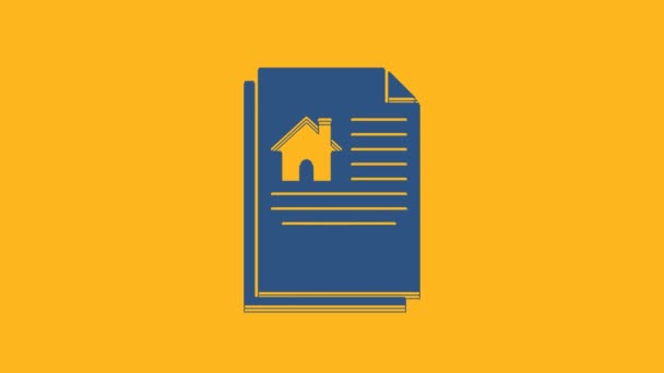 Blue House contract icon isolated on orange background. Contract creation service, document formation, application form composition. 4K Video motion graphic animation. - Footage, Video