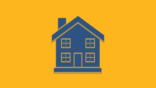 オレンジの背景に青い家のアイコンが隔離されています。ホームシンボル。4Kビデオモーショングラフィックアニメーション. - 映像、動画