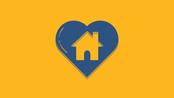 Casa blu con icona a forma di cuore isolato su sfondo arancione. Amore home symbol. Famiglia, beni immobili e proprieta '. Animazione grafica 4K Video motion. - Filmati, video