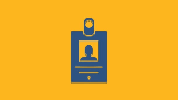 Icona badge Identificazione blu isolata su sfondo arancione. Può essere utilizzato per la presentazione, l'identità dell'azienda, la pubblicità. Animazione grafica 4K Video motion. - Filmati, video