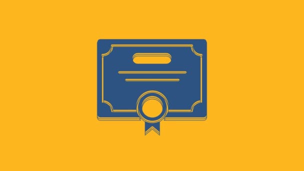 Blauw Certificaat sjabloon pictogram geïsoleerd op oranje achtergrond. Bereik, prijs, graad, beurs, diploma. Zakelijk succes certificaat. 4K Video motion grafische animatie. - Video