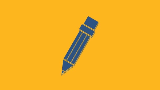 Blue Pencil with eraser icon isolated on orange background. Drawing and educational tools. School office symbol. 4K Video motion graphic animation. - Footage, Video