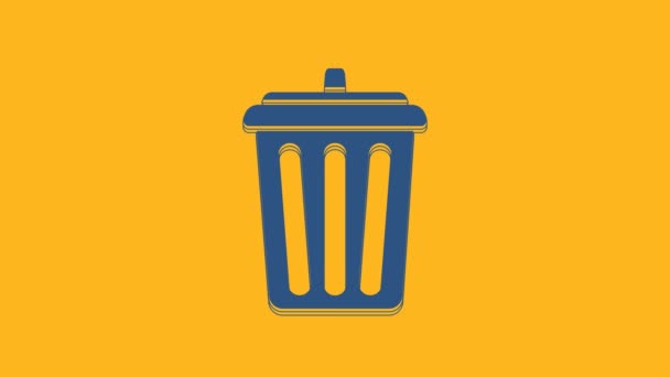 Blue Trash can icon isolated on orange background. Garbage bin sign. Recycle basket icon. Office trash icon. 4K Video motion graphic animation. - Séquence, vidéo