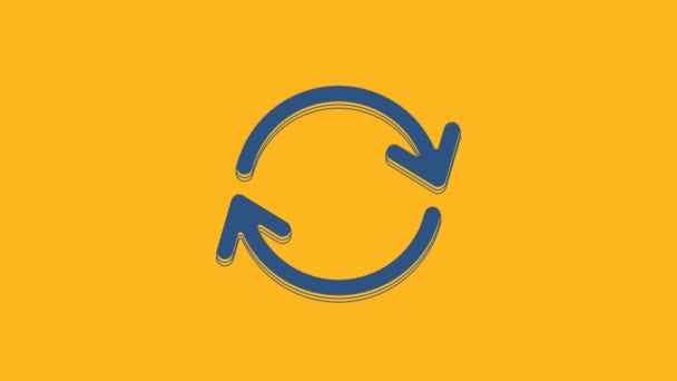 Blauw Vernieuwen pictogram geïsoleerd op oranje achtergrond. Herlaad het symbool. Draaipijlen in een cirkelteken. 4K Video motion grafische animatie. - Video
