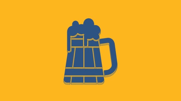 Modrý dřevěný pivní hrnek ikona izolované na oranžovém pozadí. Grafická animace pohybu videa 4K. - Záběry, video