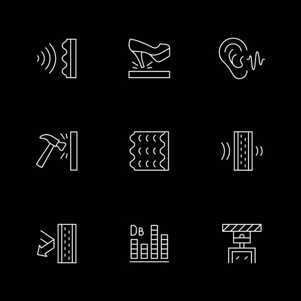 Set line icons of soundproofing isolated on black. Noise, soundproof panel, sound insulation, absorbing material. Vector illustration - Vetor, Imagem