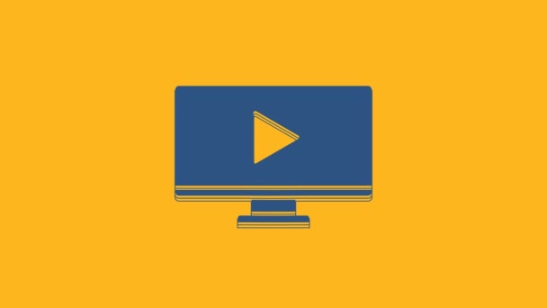 Blue Online grać ikonę wideo izolowane na pomarańczowym tle. Monitor komputerowy i taśma filmowa ze znakiem odtwarzania. 4K Animacja graficzna ruchu wideo. - Materiał filmowy, wideo