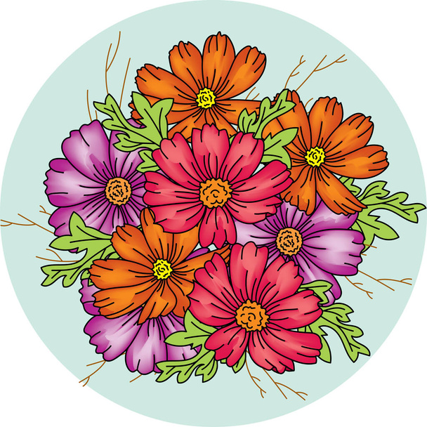 Illustration of cosmos flower with leaf on soft green circle color background - Вектор, зображення