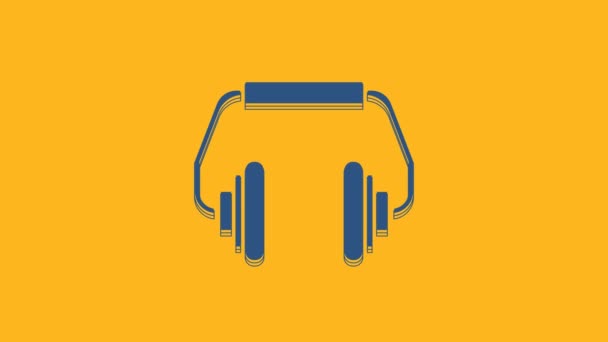 Icono de auriculares azules aislado sobre fondo naranja. Auriculares. Concepto para escuchar música, servicio, comunicación y operador. Animación gráfica de vídeo 4K. - Metraje, vídeo