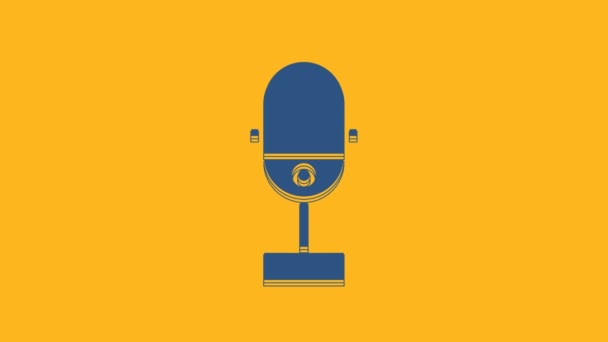 Icono de micrófono azul aislado sobre fondo naranja. En el micrófono de radio de aire. Firma del portavoz. Animación gráfica de vídeo 4K. - Metraje, vídeo