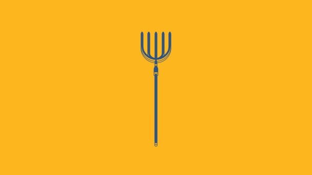 Icona del forcone Blue Garden isolata su sfondo arancione. Segnale del bivio del giardino. Attrezzo per orticoltura, agricoltura, agricoltura. Animazione grafica 4K Video motion. - Filmati, video