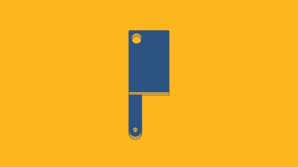 Blue Meat Chopper Symbol isoliert auf orangefarbenem Hintergrund. Küchenmesser für Fleisch vorhanden. Fleischermesser vorhanden. 4K Video Motion Grafik Animation. - Filmmaterial, Video